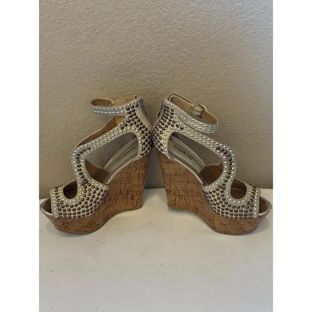 Bebe Studded Caitlyn Size 6 Gold Heel Sandal Wedges‎